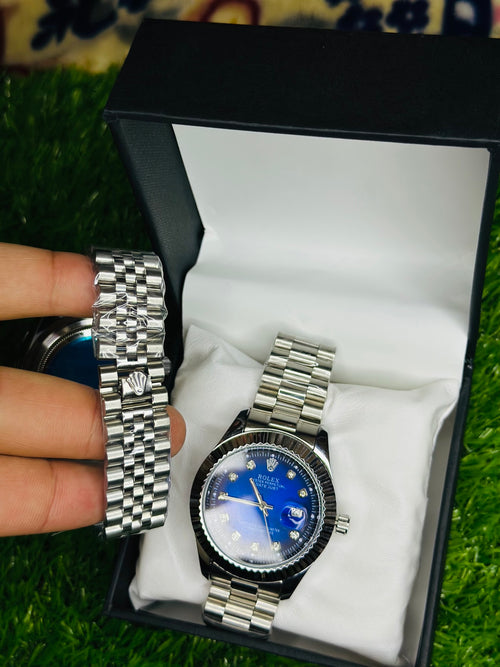 Premium Rolex-Inspired Blue Dial Watch with Diamond Markers & Jubilee Strap